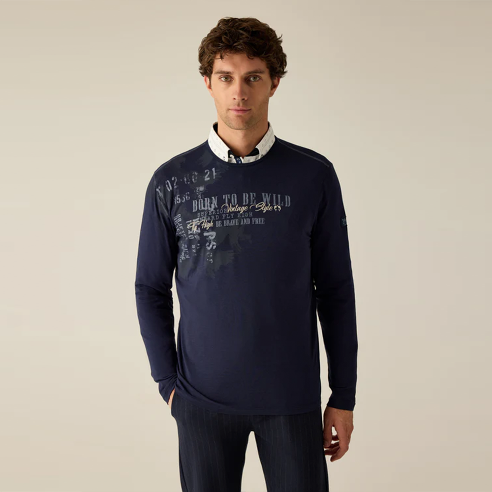 Campione Men's long-sleeved shirt in indigo with "Born to be Wild" print – urban, free, strong character