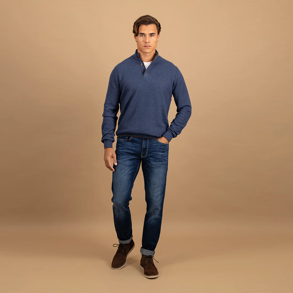 Fynch Hatton Cotton sweater with button placket and stand-up collar