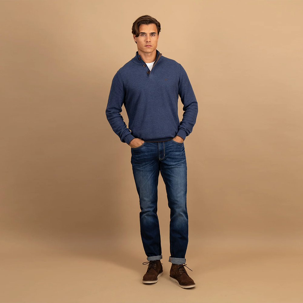 Fynch Hatton Cotton sweater with button placket and stand-up collar
