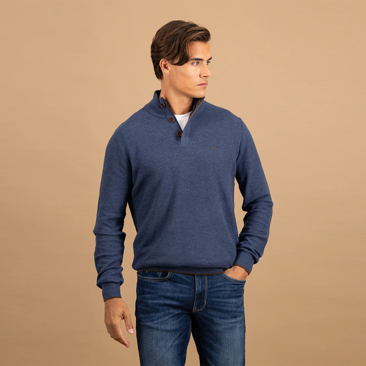 Fynch Hatton Cotton sweater with button placket and stand-up collar