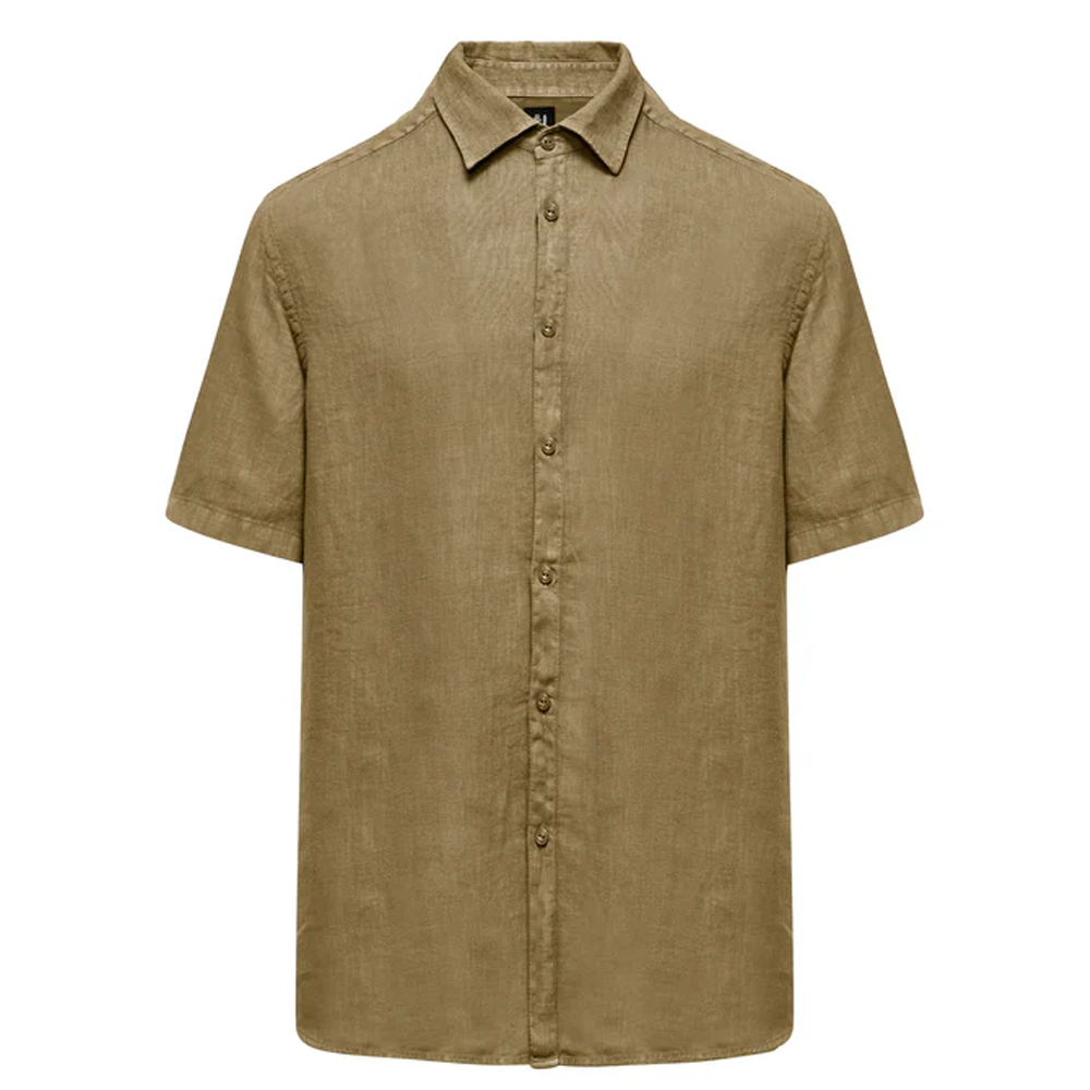 A flat-lay studio product shot of a Bomboogie men's short-sleeve linen shirt in an earthy khaki olive color, centered on a white background. The shirt features a classic pointed collar, a full-length button-down front placket with six visible buttons, a regular fit silhouette, and a curved hemline.