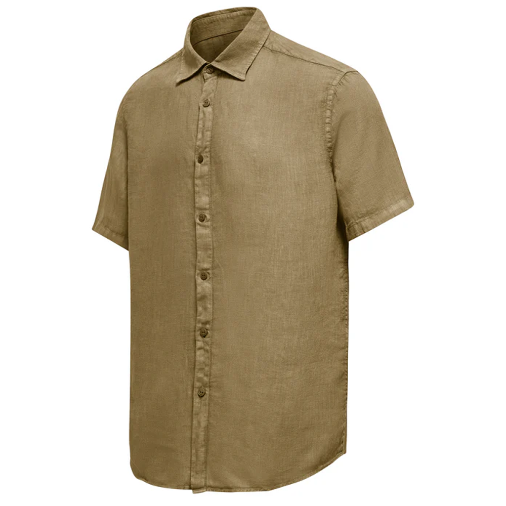 A flat-lay studio product shot of a Bomboogie men's short-sleeve linen shirt in an earthy khaki olive color, centered on a white background. The shirt features a classic pointed collar, a full-length button-down front placket with six visible buttons, a regular fit silhouette, and a curved hemline.