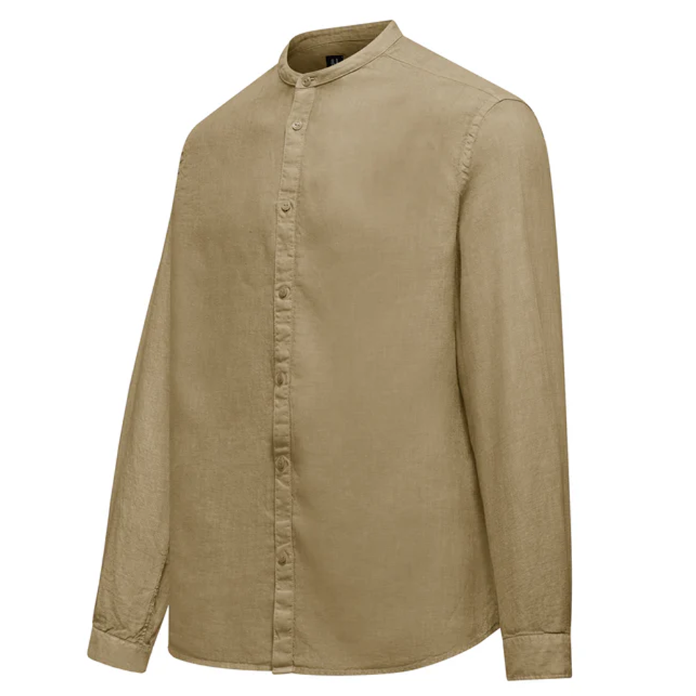 A flat-lay studio product shot of a Bomboogie men's long-sleeve slub linen shirt in an earthy khaki olive color, centered on a white background. The shirt features a minimalist mandarin band collar, a full-length button-down front placket, long sleeves with buttoned cuffs, and a regular-fit silhouette with a subtly curved hem.