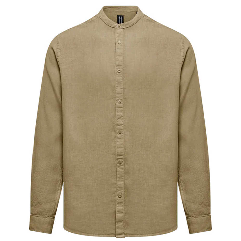 A flat-lay studio product shot of a Bomboogie men's long-sleeve slub linen shirt in an earthy khaki olive color, centered on a white background. The shirt features a minimalist mandarin band collar, a full-length button-down front placket, long sleeves with buttoned cuffs, and a regular-fit silhouette with a subtly curved hem.