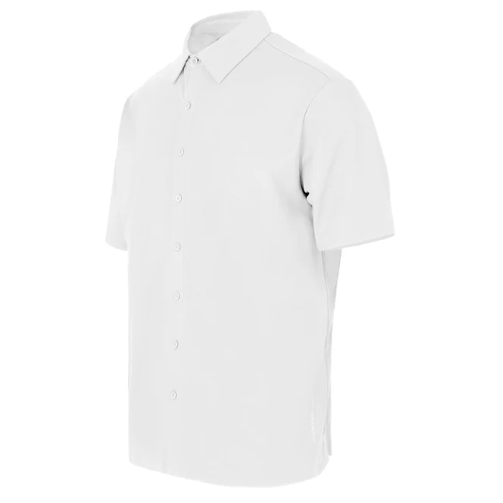 Bomboogie regular fit white technical jersey short sleeve shirt with classic collar and button-up front for men's smart casual and summer wear.