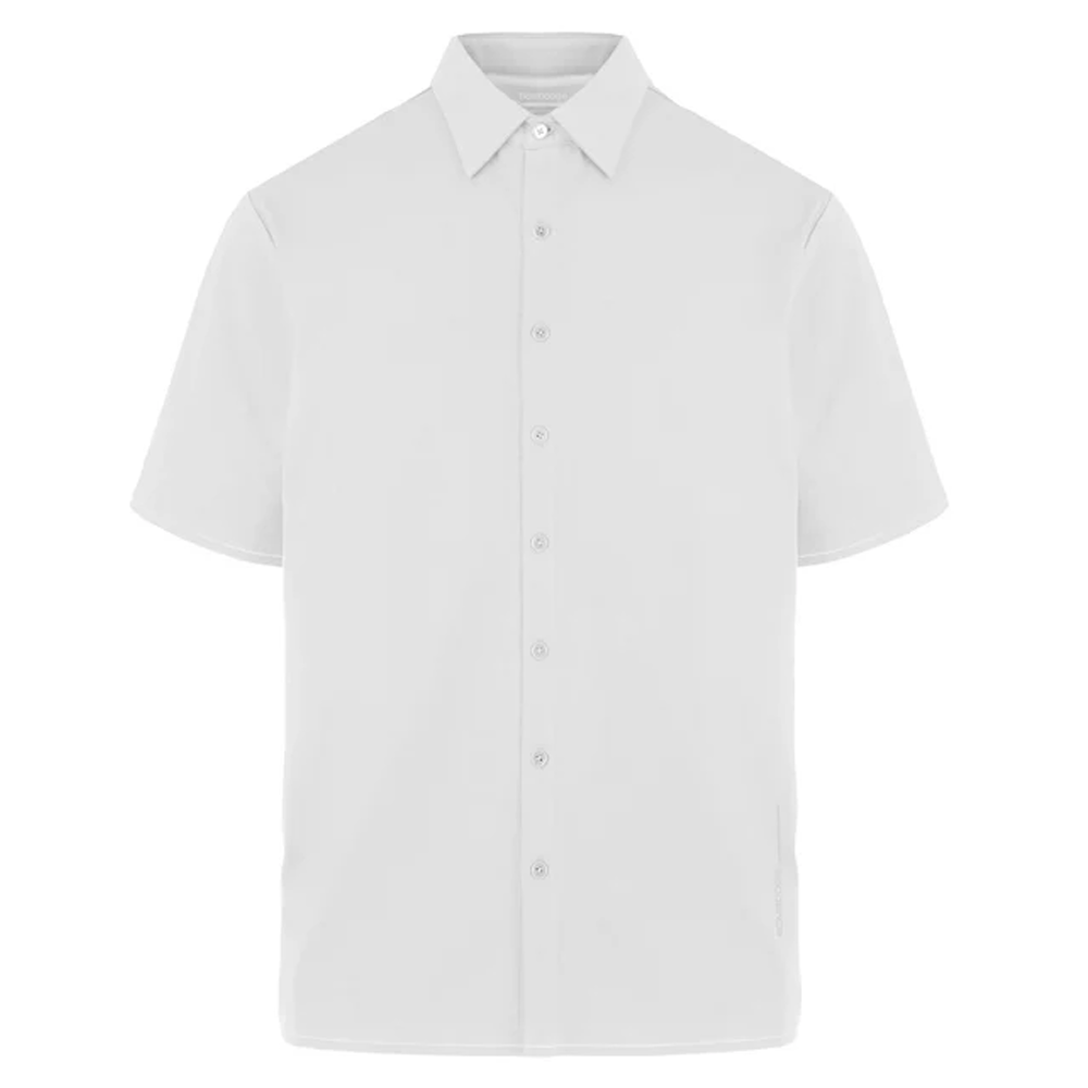 Bomboogie regular fit white technical jersey short sleeve shirt with classic collar and button-up front for men's smart casual and summer wear.