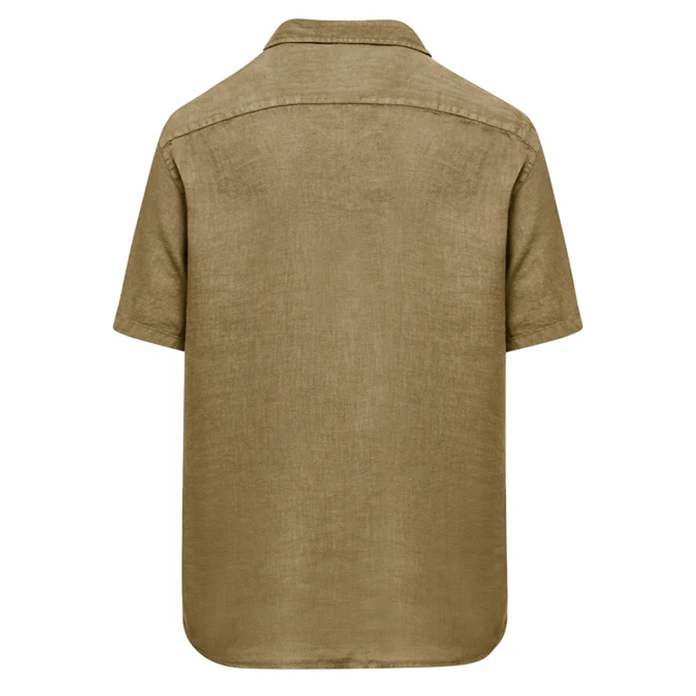 A flat-lay studio product shot of a Bomboogie men's short-sleeve linen shirt in an earthy khaki olive color, centered on a white background. The shirt features a classic pointed collar, a full-length button-down front placket with six visible buttons, a regular fit silhouette, and a curved hemline.