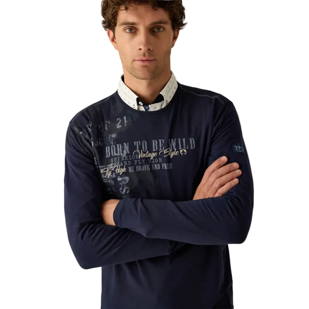 Man wearing Campione indigo long-sleeved shirt with "Born to Be Wild" vintage graphic print