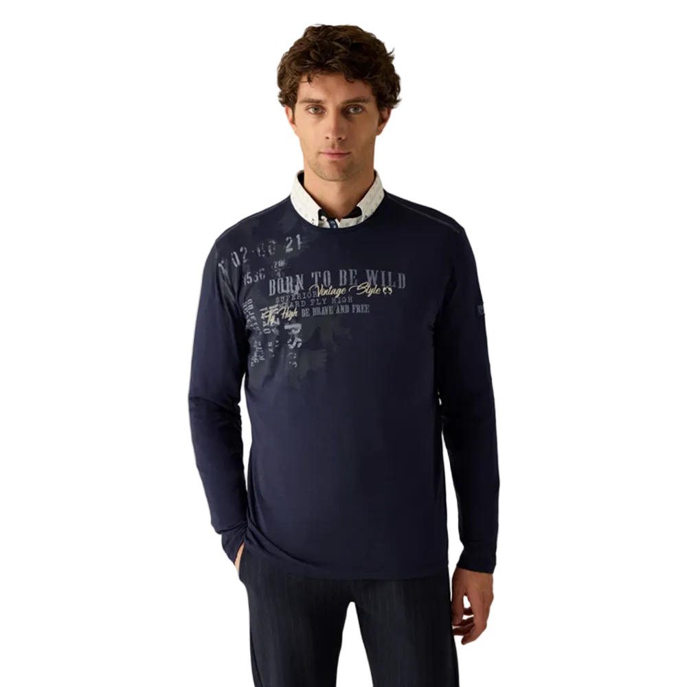 Man wearing Campione indigo long-sleeved shirt with "Born to Be Wild" vintage graphic print