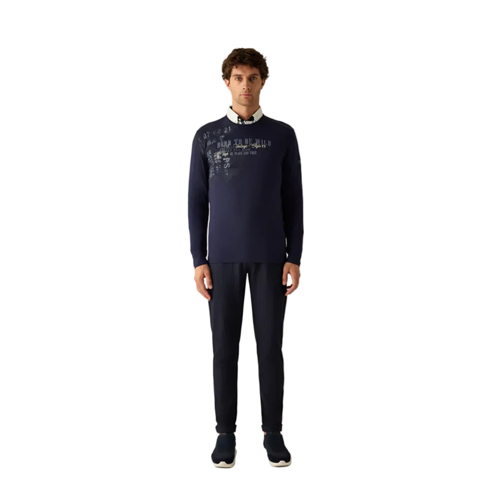Man wearing Campione indigo long-sleeved shirt with "Born to Be Wild" vintage graphic print