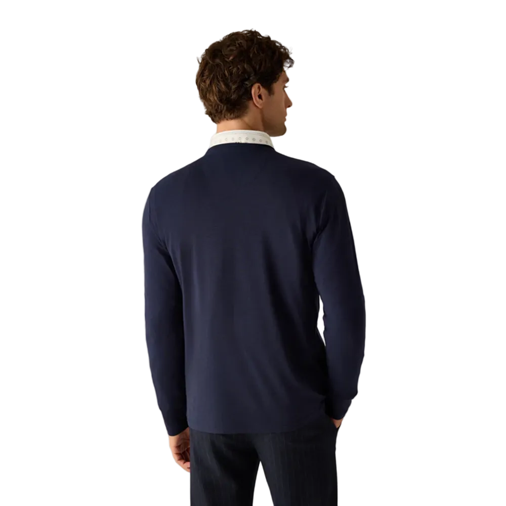 Man wearing Campione indigo long-sleeved shirt with "Born to Be Wild" vintage graphic print