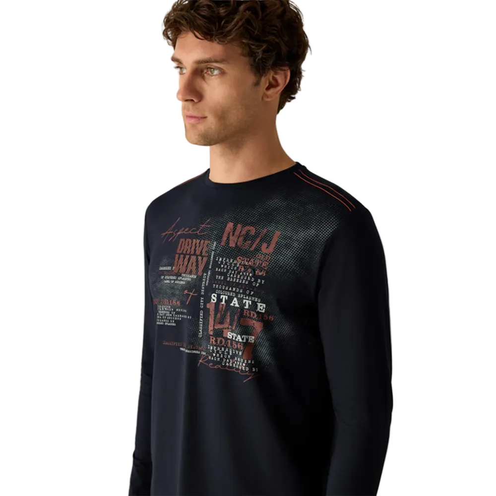 Man wearing Campione Claudio navy long-sleeved graphic t-shirt with printed text design and orange stitching detail, Kayagan, Lebanon