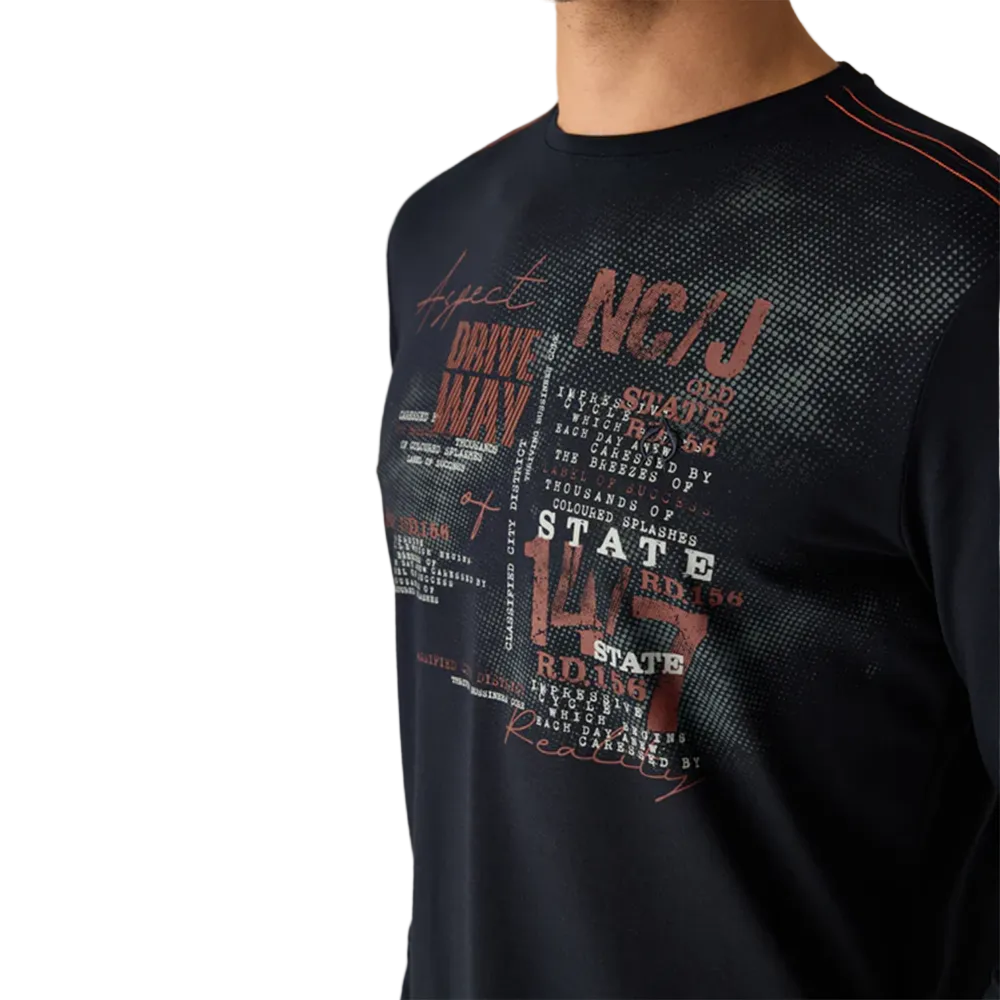 Man wearing Campione Claudio navy long-sleeved graphic t-shirt with printed text design and orange stitching detail, Kayagan, Lebanon