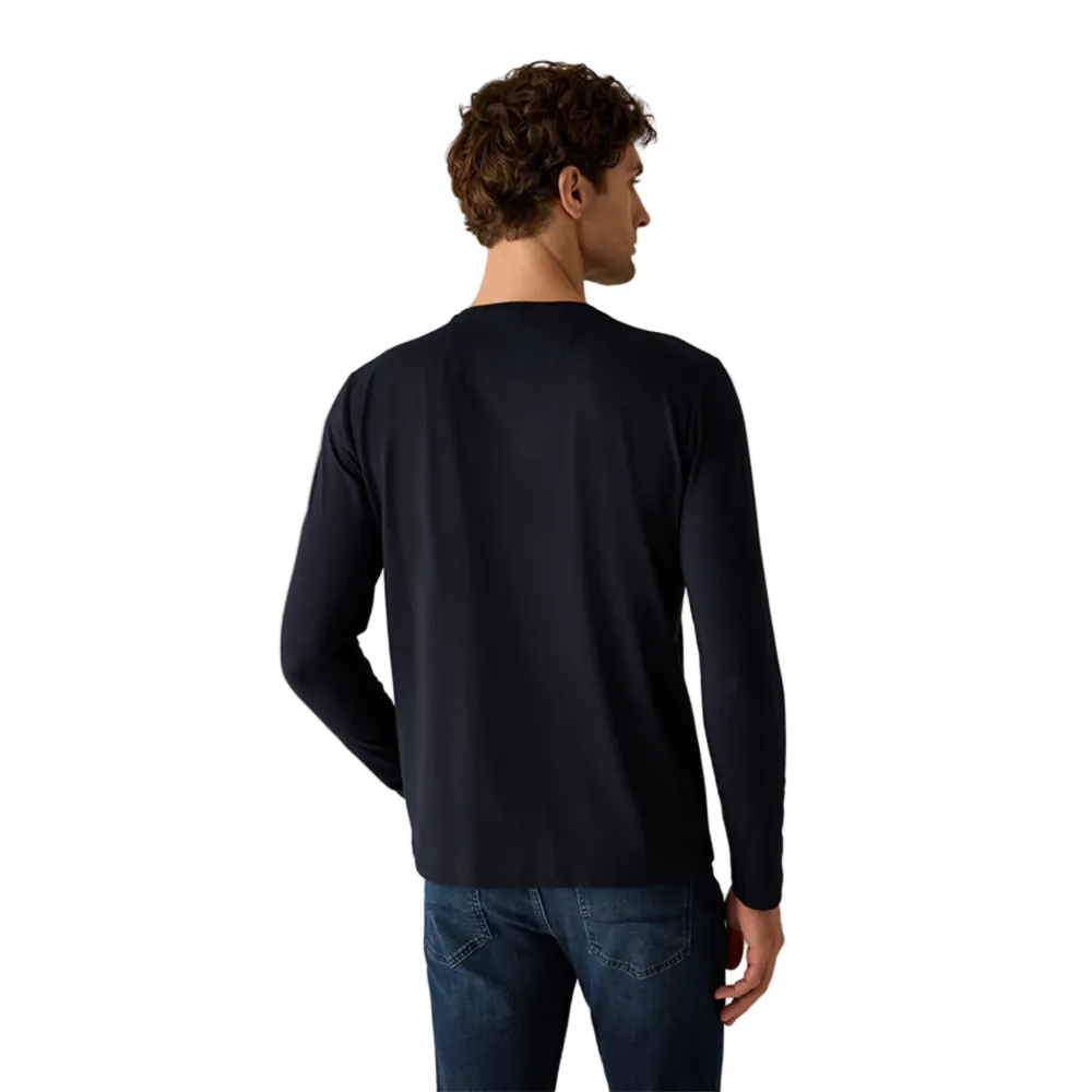 Man wearing Campione Claudio navy long-sleeved graphic t-shirt with printed text design and orange stitching detail, Kayagan, Lebanon