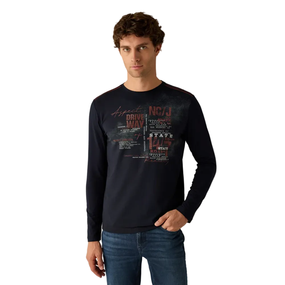 Man wearing Campione Claudio navy long-sleeved graphic t-shirt with printed text design and orange stitching detail, Kayagan, Lebanon