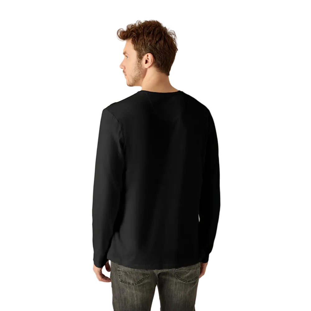 Man wearing Campione black long-sleeved graphic t-shirt with "Rise & Vision" printed design on chest, Kayagan, Lebanon