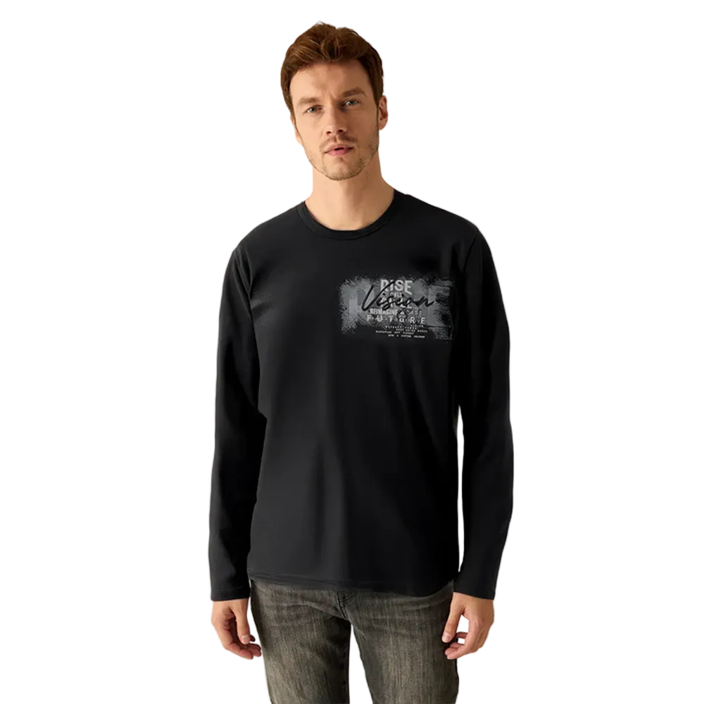Man wearing Campione black long-sleeved graphic t-shirt with "Rise & Vision" printed design on chest, Kayagan, Lebanon