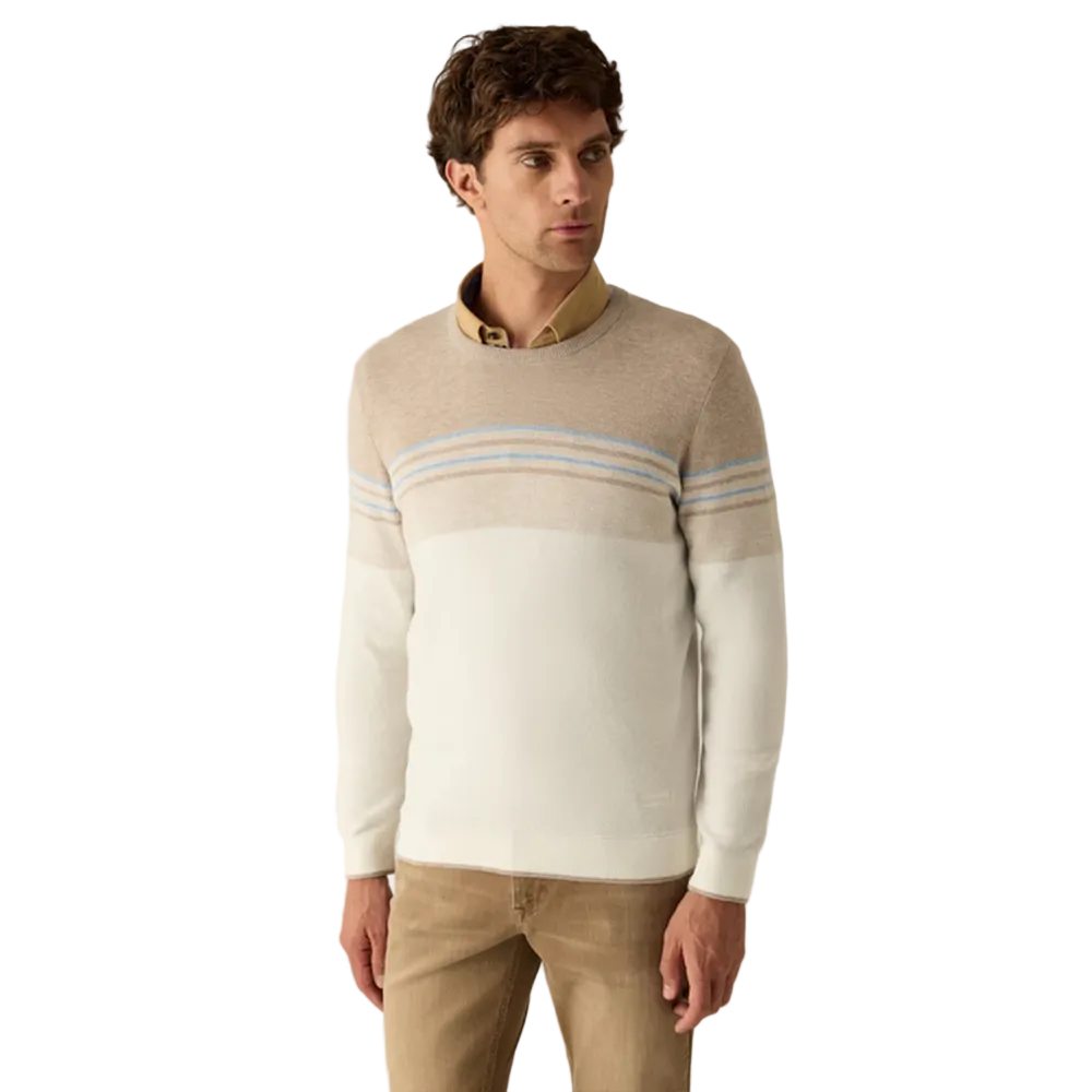 Man wearing Campione beige and cream striped modern fit sweater layered over a collared shirt, Kayagan