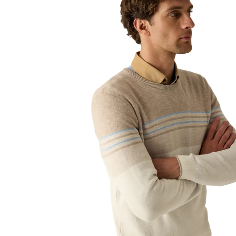 Man wearing Campione beige and cream striped modern fit sweater layered over a collared shirt, Kayagan