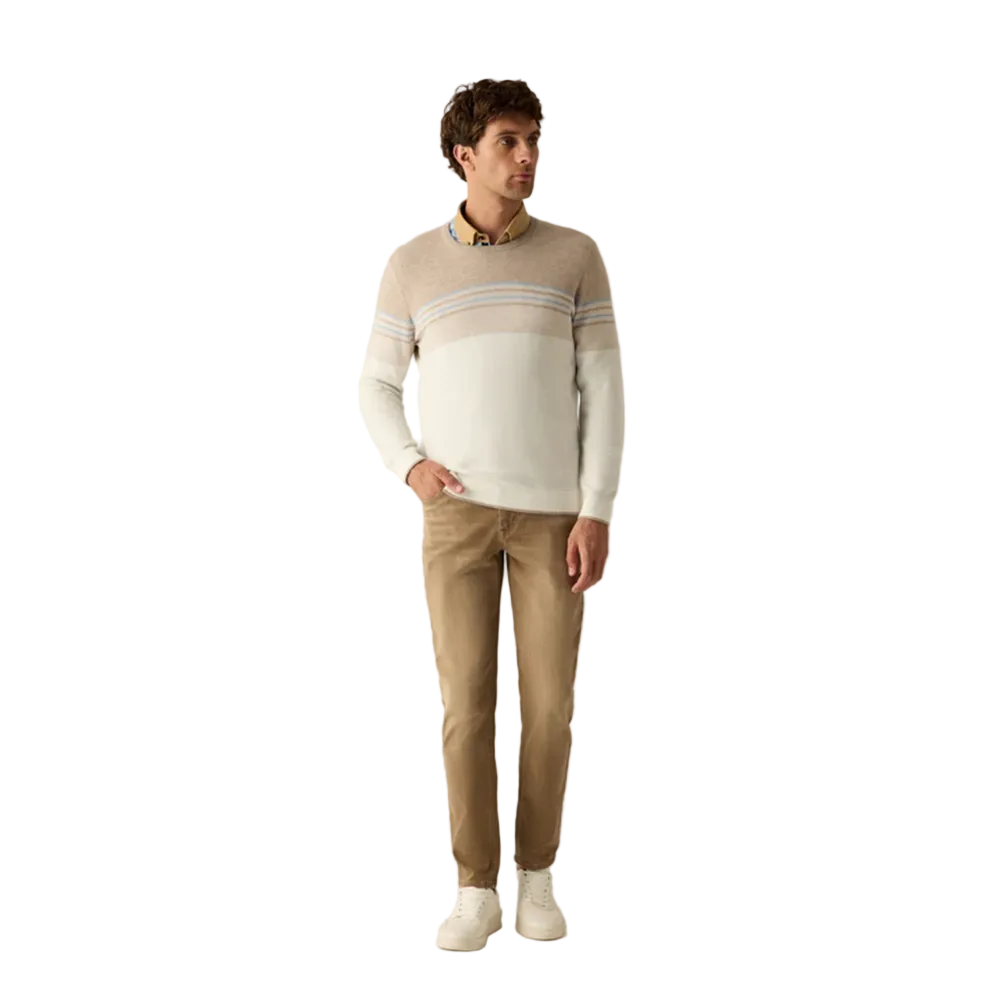 Man wearing Campione beige and cream striped modern fit sweater layered over a collared shirt, Kayagan