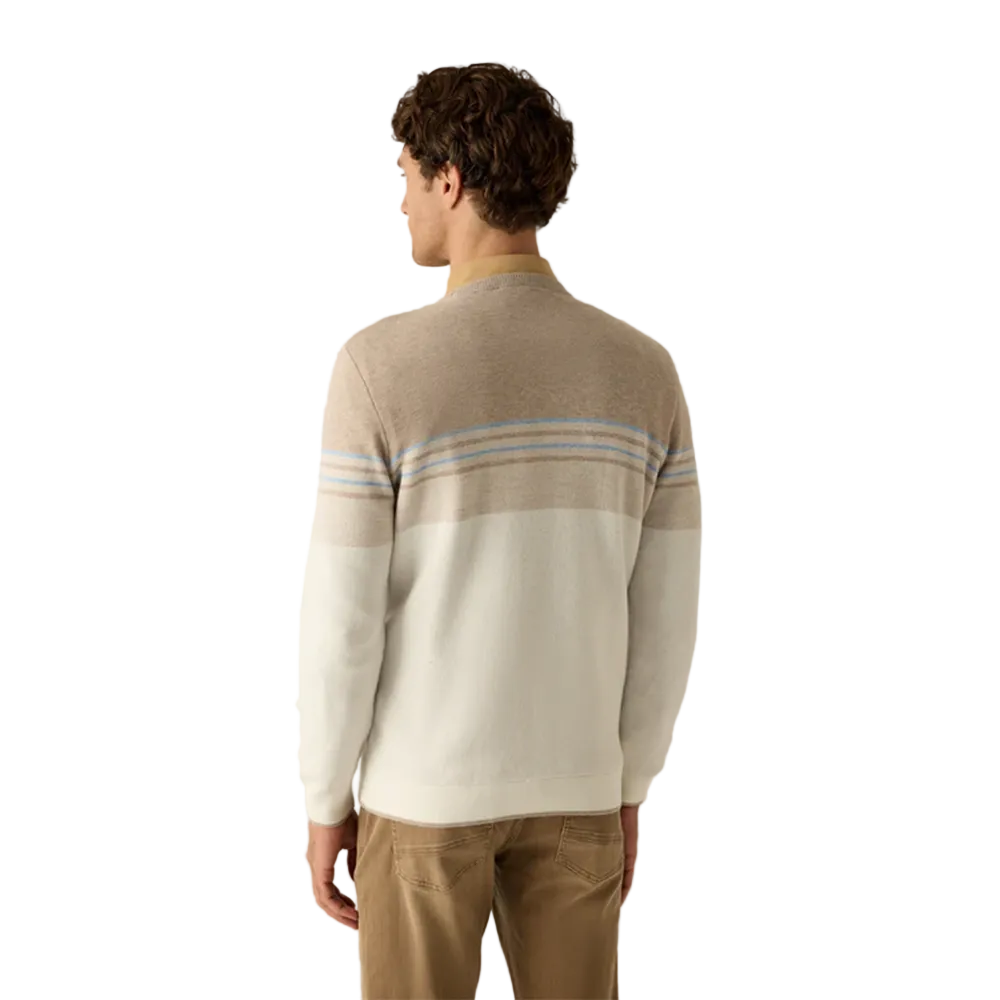 Man wearing Campione beige and cream striped modern fit sweater layered over a collared shirt, Kayagan