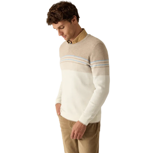 Man wearing Campione beige and cream striped modern fit sweater layered over a collared shirt, Kayagan