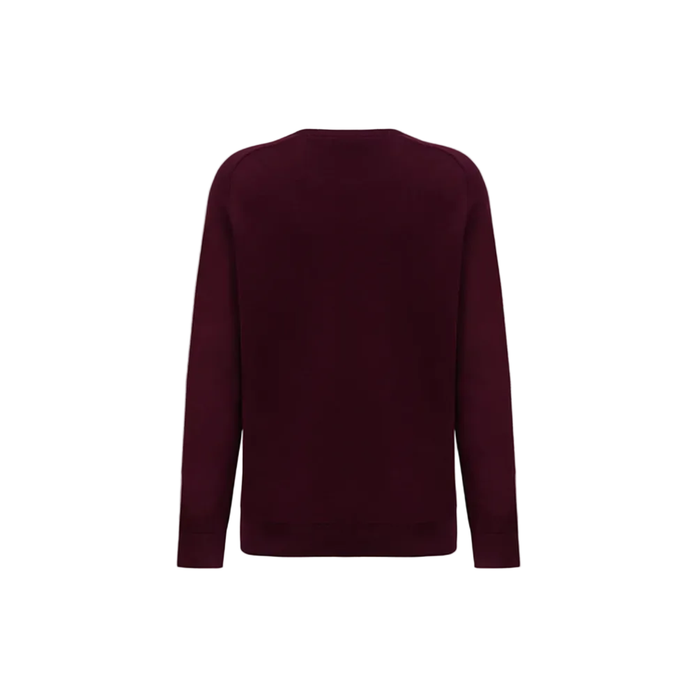 Campione burgundy crewneck sweater with ribbed collar and raglan sleeves, folded flat lay view, Kayagan, Lebanon