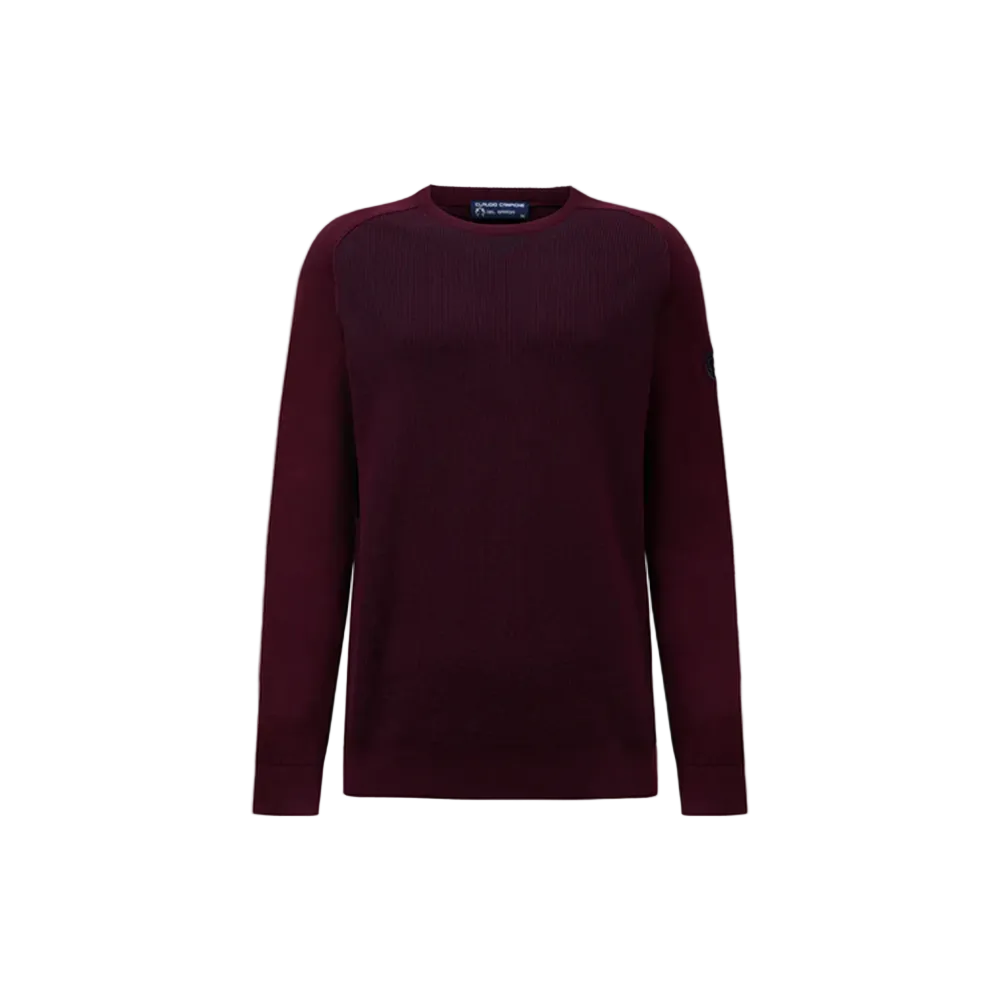 Campione burgundy crewneck sweater with ribbed collar and raglan sleeves, folded flat lay view, Kayagan, Lebanon