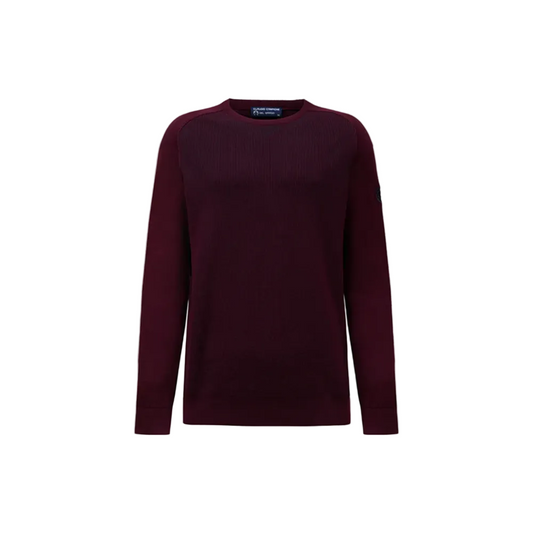 Campione burgundy crewneck sweater with ribbed collar and raglan sleeves, folded flat lay view, Kayagan, Lebanon