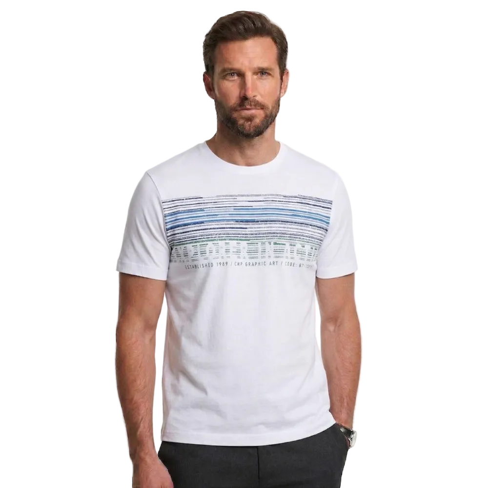 Man wearing a white Campione t-shirt with blue and green stripes on a white background, Kayagan