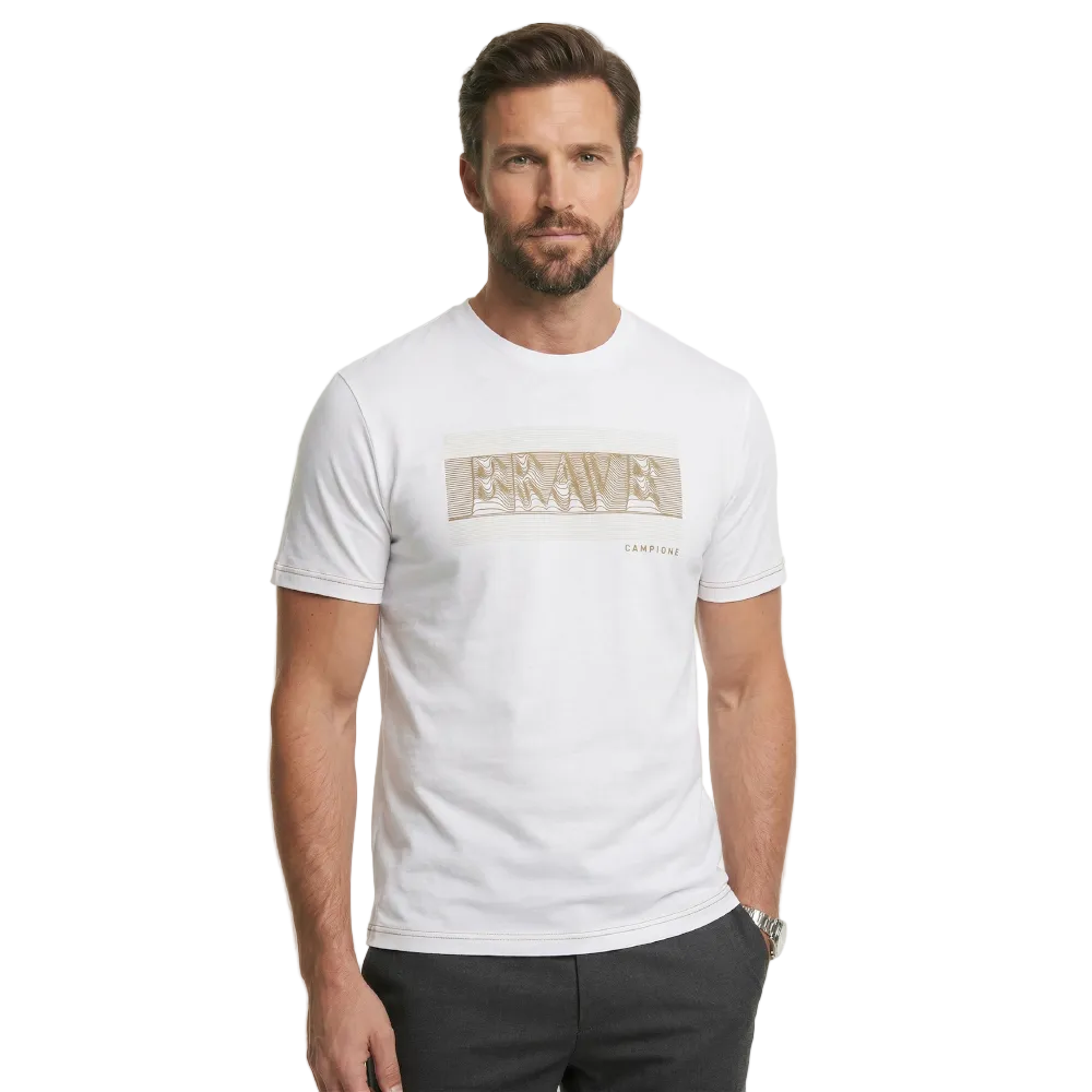 Man wearing Campione white T-shirt with Brave graphic print and contrast stitching, Kayagan