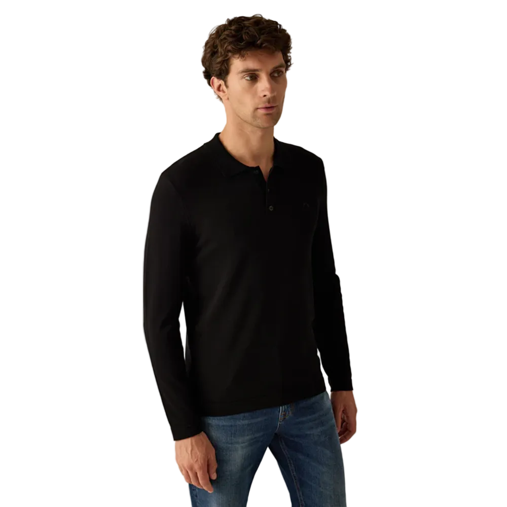 Man wearing Campione black long-sleeved polo shirt with ribbed collar, and an embroidered Campione logo on the chest, Kayagan, Lebanon
