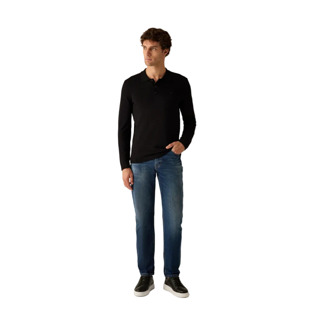 Man wearing Campione black long-sleeved polo shirt with ribbed collar, and an embroidered Campione logo on the chest, Kayagan, Lebanon