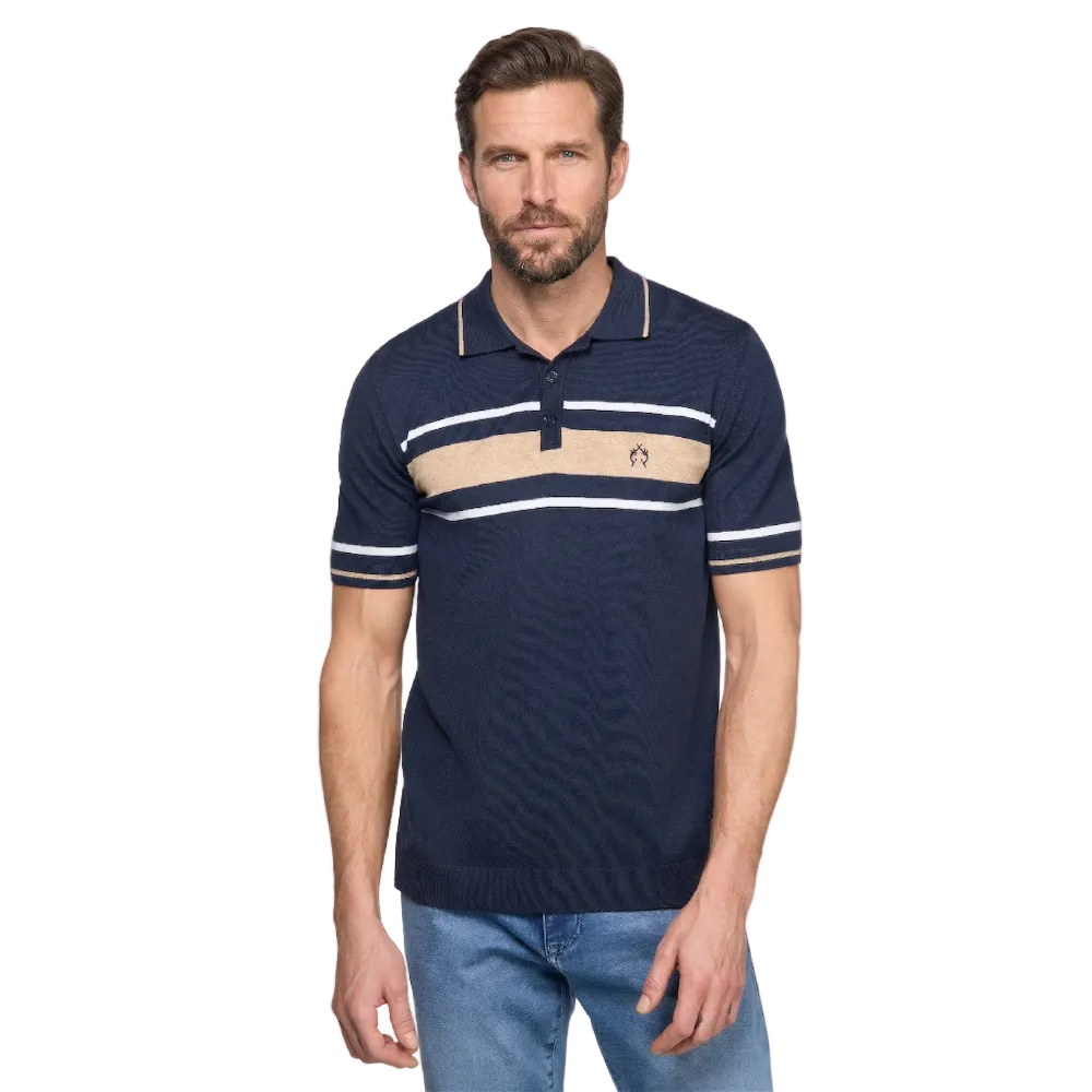 Man wearing Campione navy striped chest polo shirt with tan and white stripe detail-Kayagan
