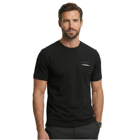 Man wearing Campione black regular fit knit t-shirt with ribbed crewneck and chest logo, paired with dark trousers