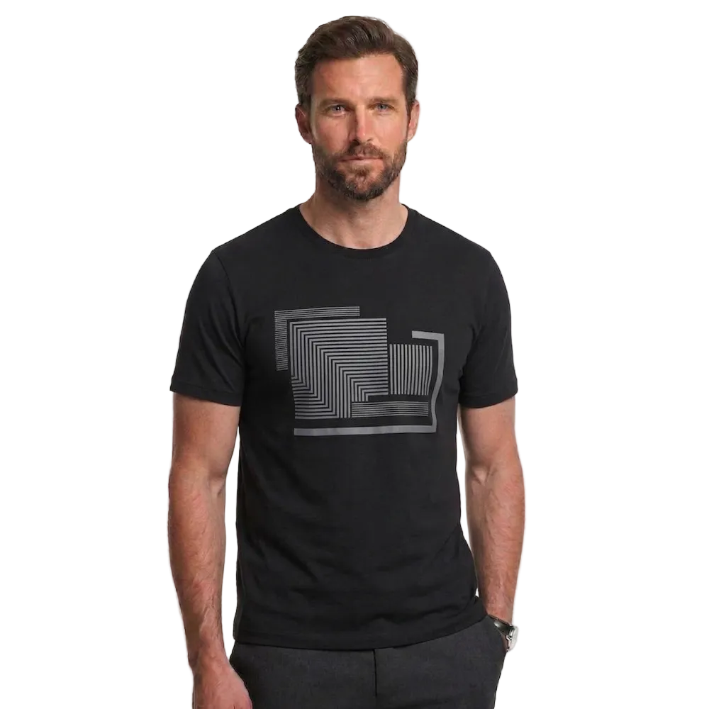 Man wearing a dark navy Campione t-shirt with a geometric design, Kayagan