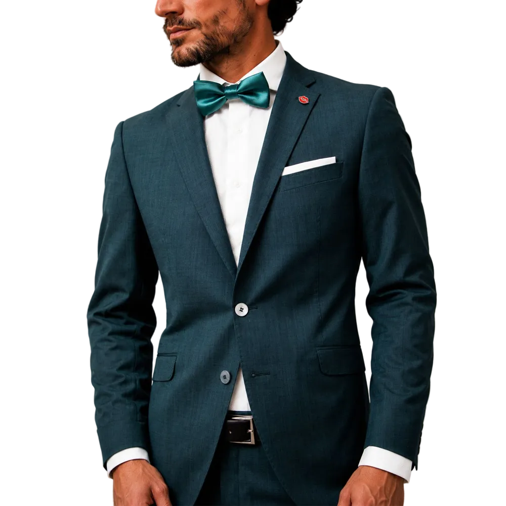 A man standing against a blank white background modeling a Digel men's 2-piece ceremony suit in emerald teal green. The formal outfit features a tailored single-breasted two-button blazer with a pocket square, matching slim flat-front dress trousers, a white shirt, a shiny dark teal bow tie, and polished black leather dress shoes.