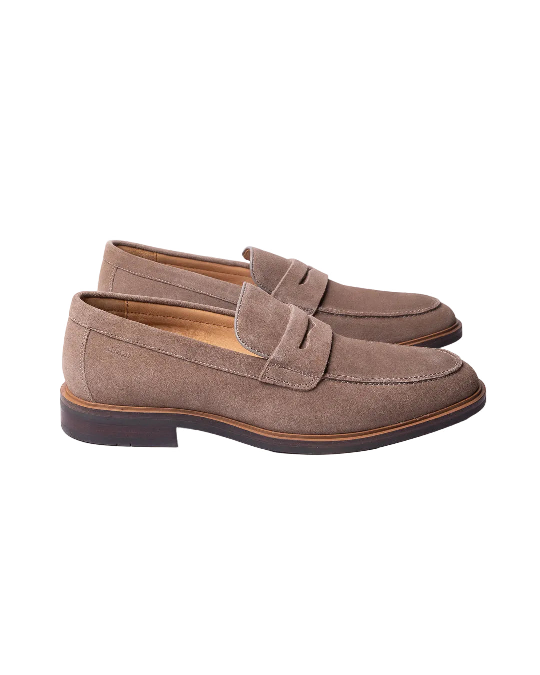 A pair of Digel men's penny loafers made from premium taupe suede leather, viewed from a three-quarter angle on a white background. The shoes feature a classic apron toe, a traditional strap accent, a leather lining, and a dark low heel sole with a tan welt