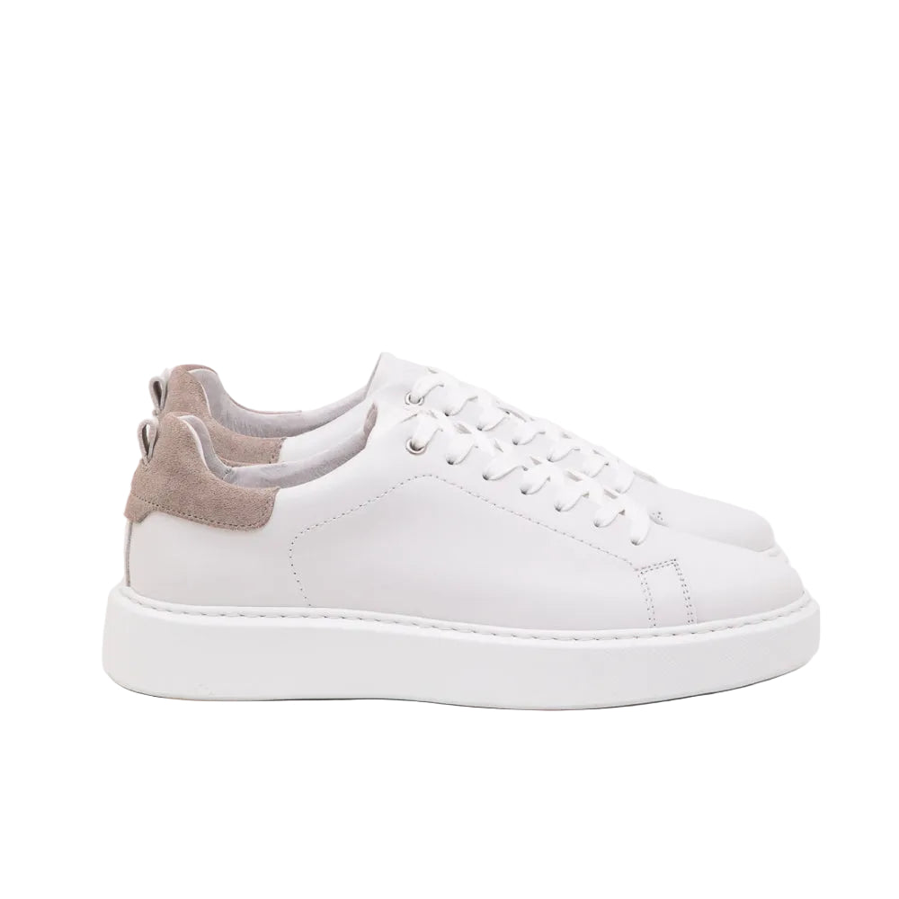 Men's Digel white leather sneakers with beige suede heel accent.