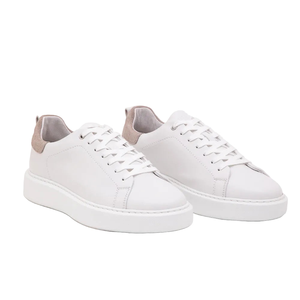 Men's Digel white leather sneakers with beige suede heel accent.
