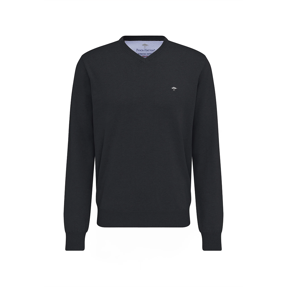 charcoal Fynch Hatton v-neck cotton sweater, front view studio photo, available at Kayagan