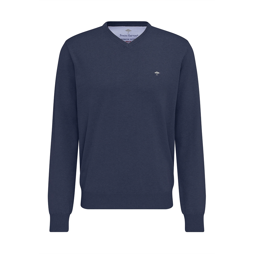 Fynch Hatton Navy blue V-neck sweater on a white background, available at Kayagan