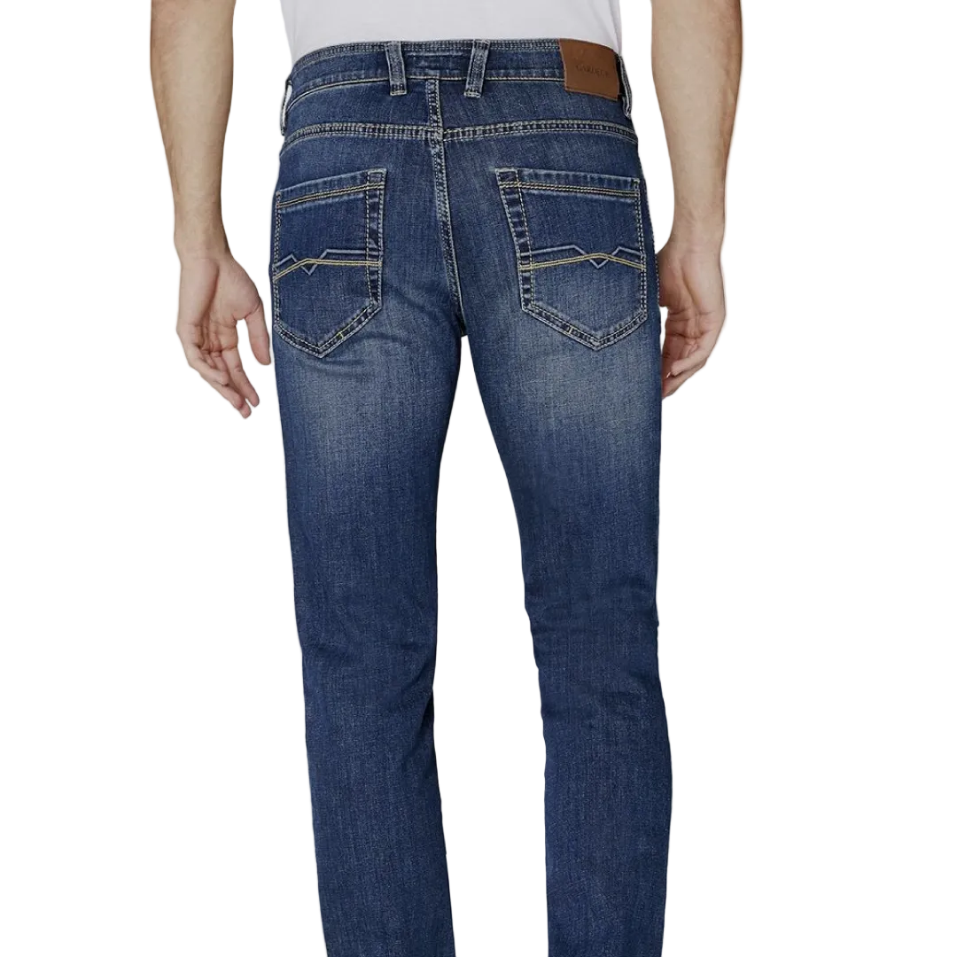 Gardeur Jeans Batu blue stretch denim men's jeans with modern fit, five-pocket design, washed finish, and button zip closure.