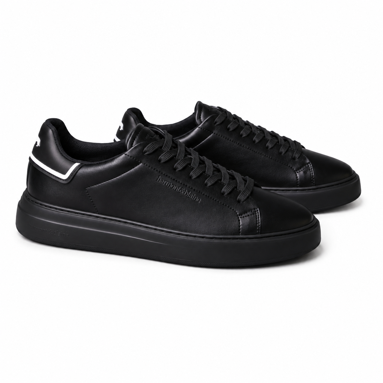Harmont & Blaine men's black low-top sneakers with black heel tab, white accents, lace-up closure, and durable rubber sole.