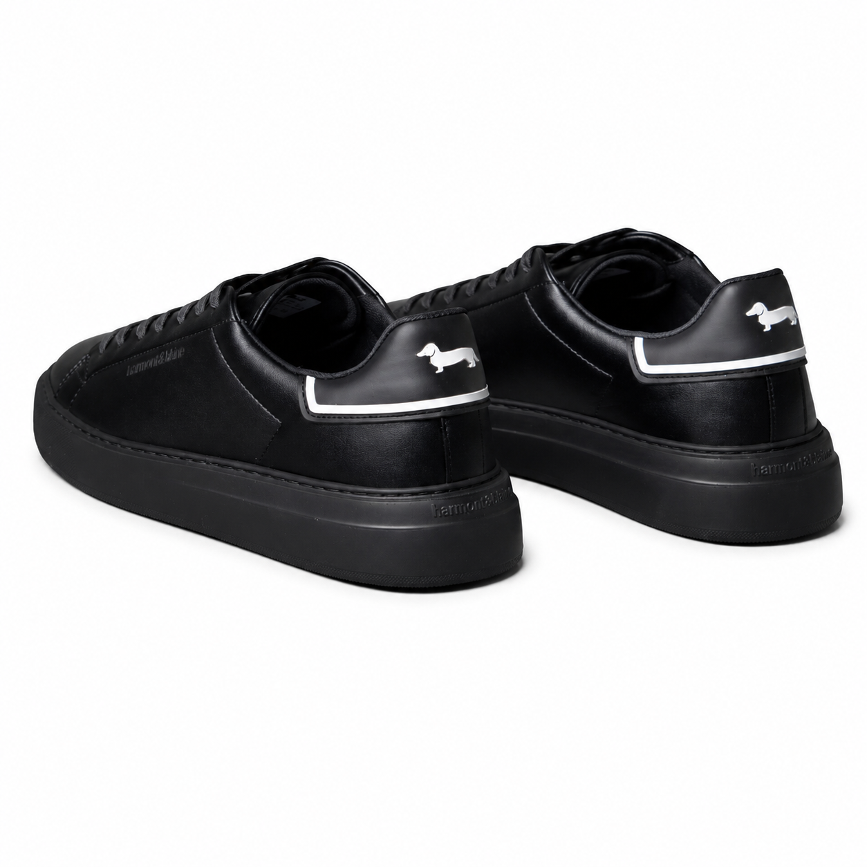 Harmont & Blaine men's black low-top sneakers with black heel tab, white accents, lace-up closure, and durable rubber sole.