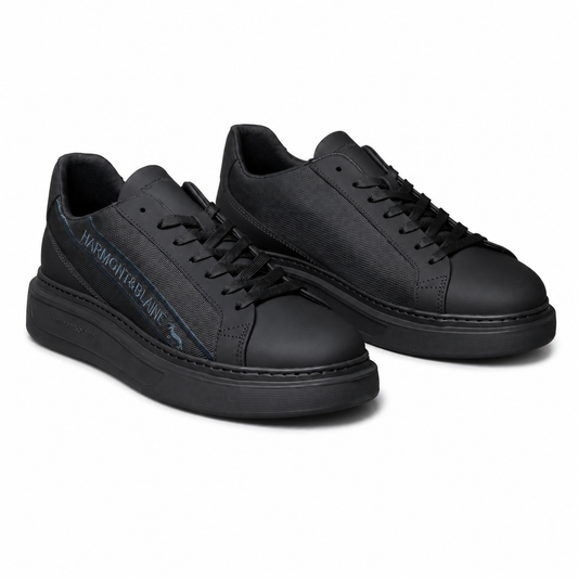 Harmont & Blaine men's black sneakers with textured side panels, tonal lace-up closure, cushioned black rubber sole, and signature branded detailing.