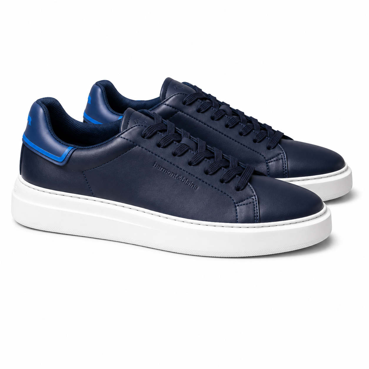 Harmont & Blaine men's navy low-top sneakers with blue accents, lace-up closure, and durable rubber sole.