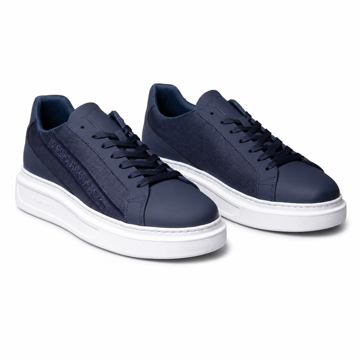 Harmont & Blaine men's navy low-top sneakers with textured side panels, tonal logo, lace-up closure, and white rubber sole.