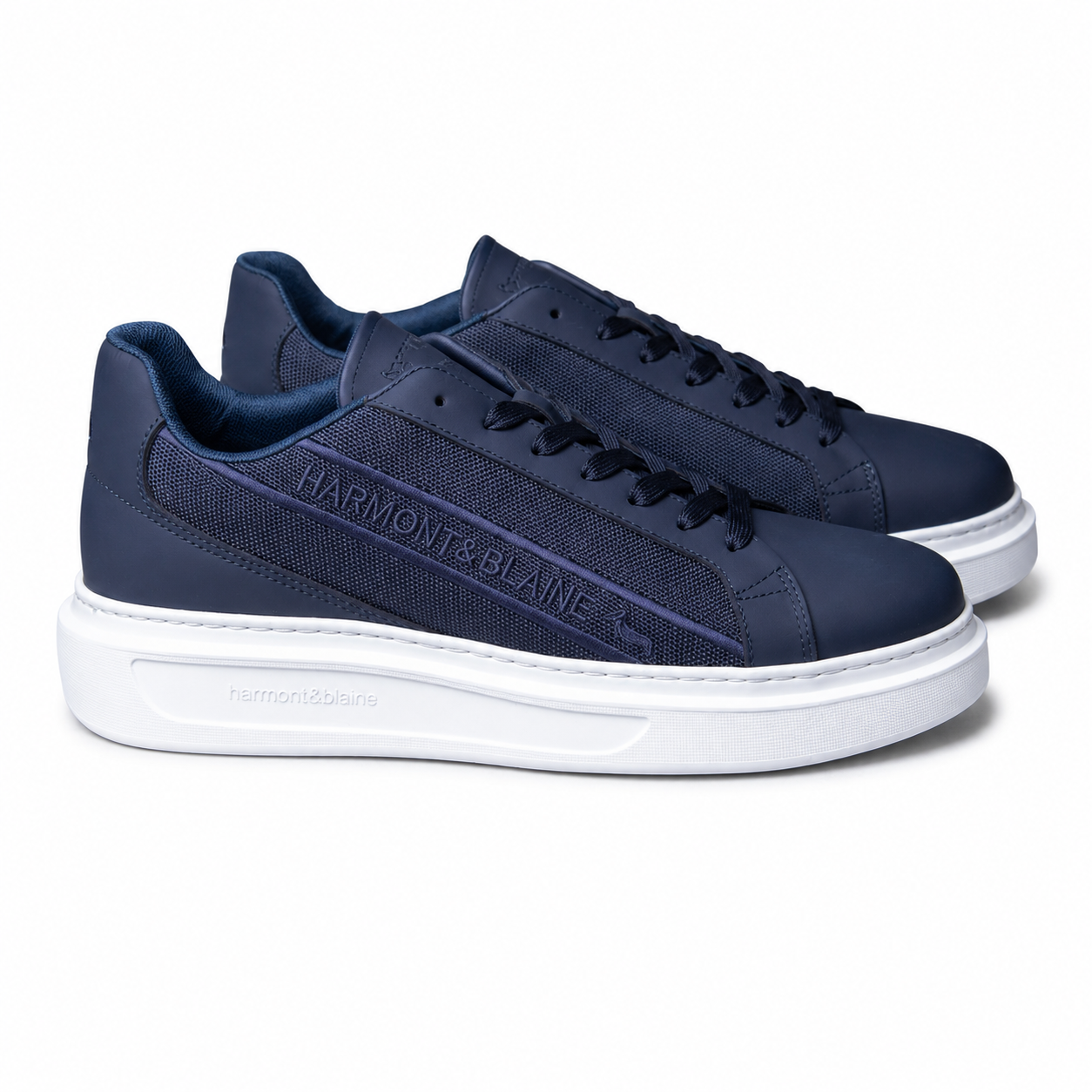 Harmont & Blaine men's navy low-top sneakers with textured side panels, tonal logo, lace-up closure, and white rubber sole.
