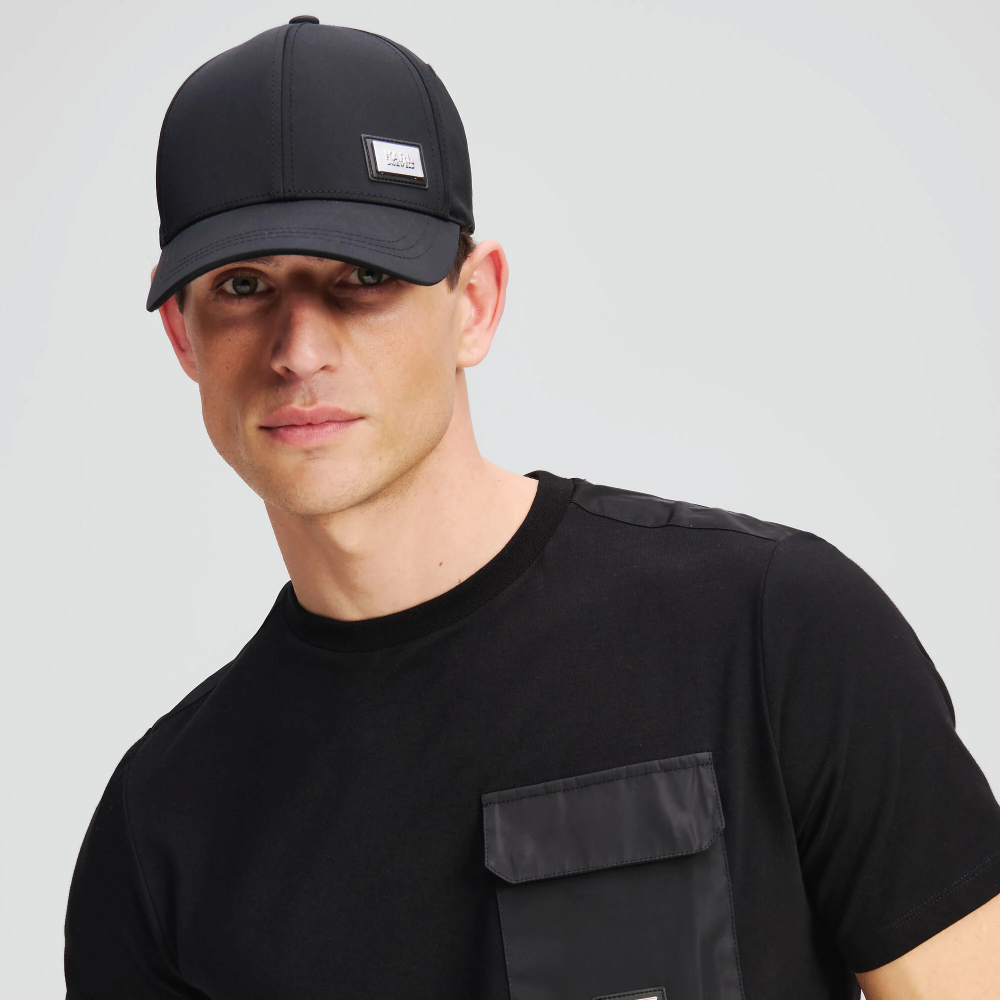 Karl Lagerfeld Black Cap with Karl Lagerfeld Silver Logo on a white background